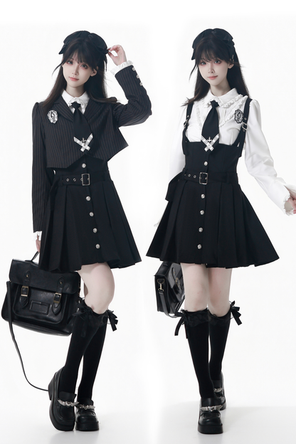 College Jacket + Suspender Skirt + Blouse + Tie