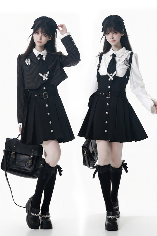 College Jacket + Suspender Skirt + Blouse + Tie