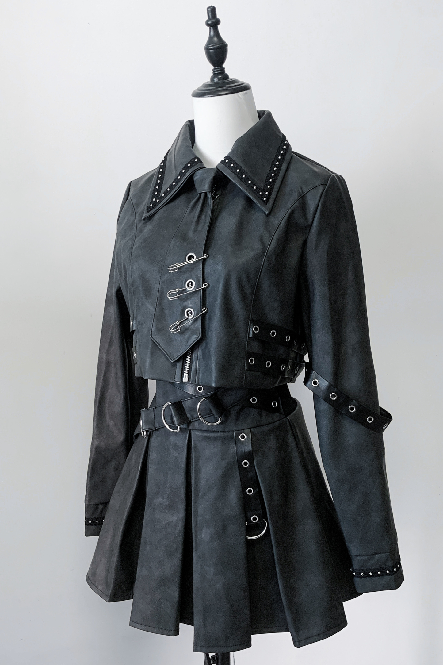 Gothic Matte Leather Dark Girl Top + Skirt