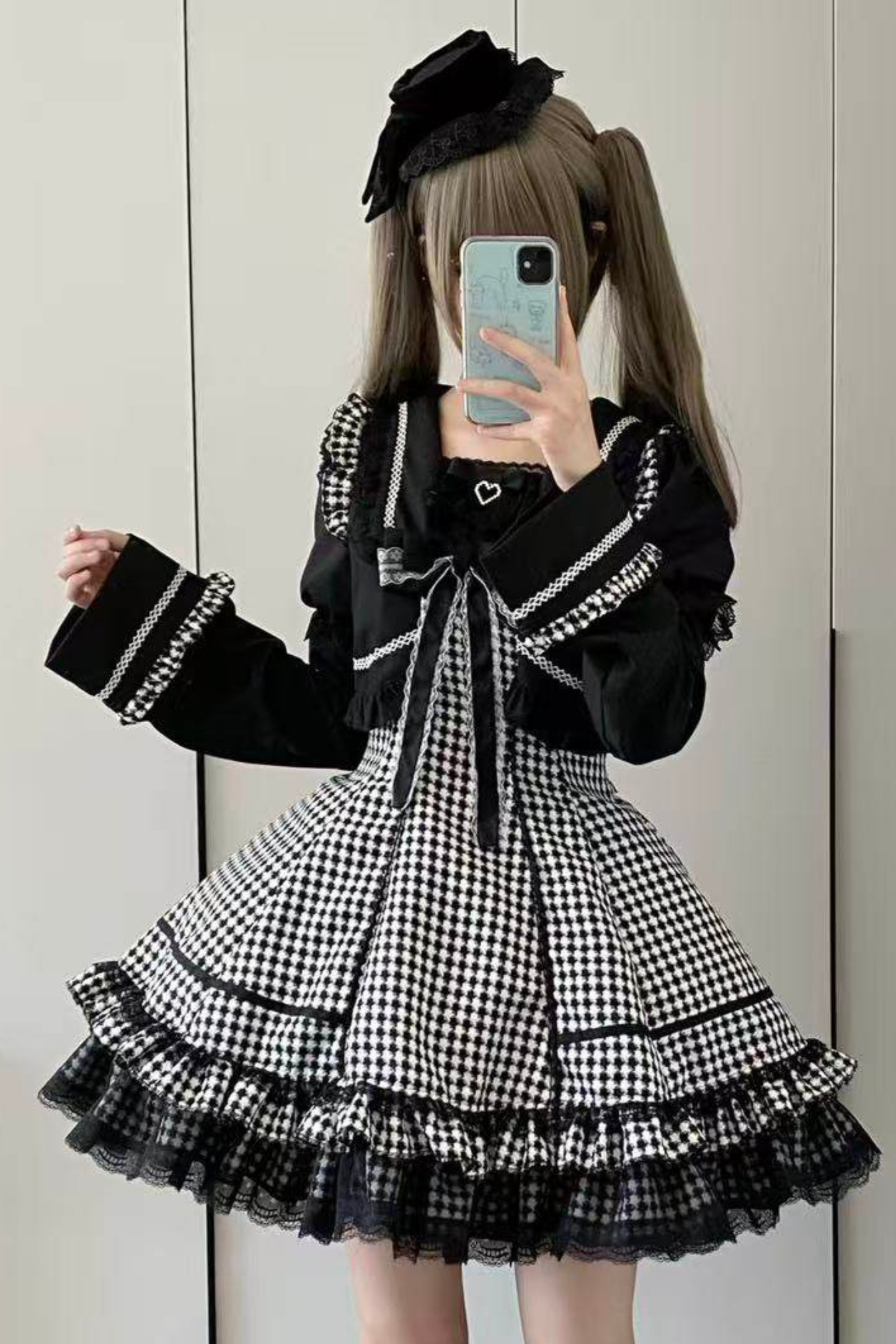 Houndstooth Dark Sweet Lolita Dress With Sleeves