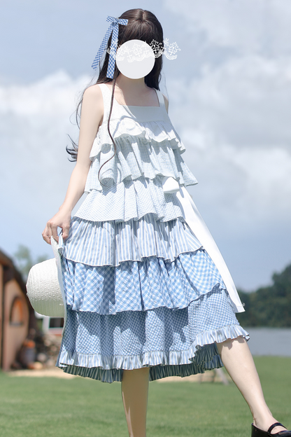Sky Sweet Tiered Sleeveless Dress + Ribbon Brooch