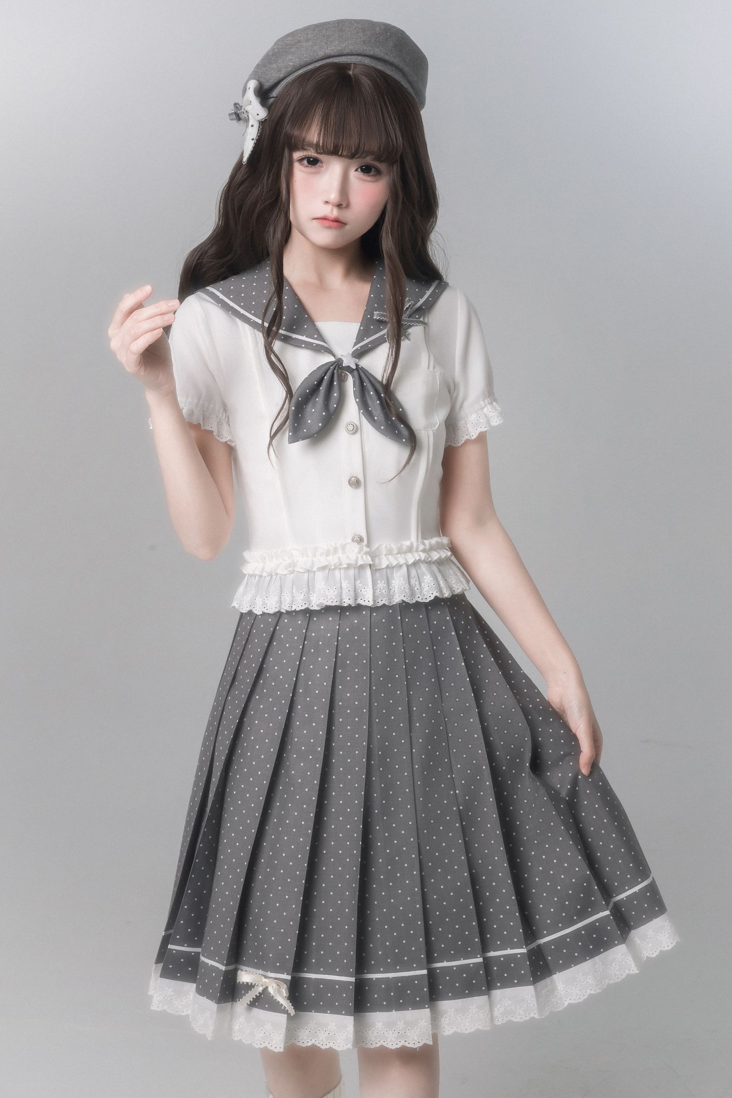Sweet College Style Top + Polka Dot Pleated Skirt + Bow Tie