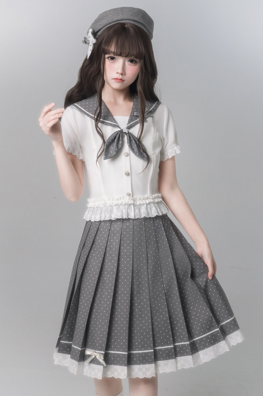 Sweet College Style Top + Polka Dot Pleated Skirt + Bow Tie