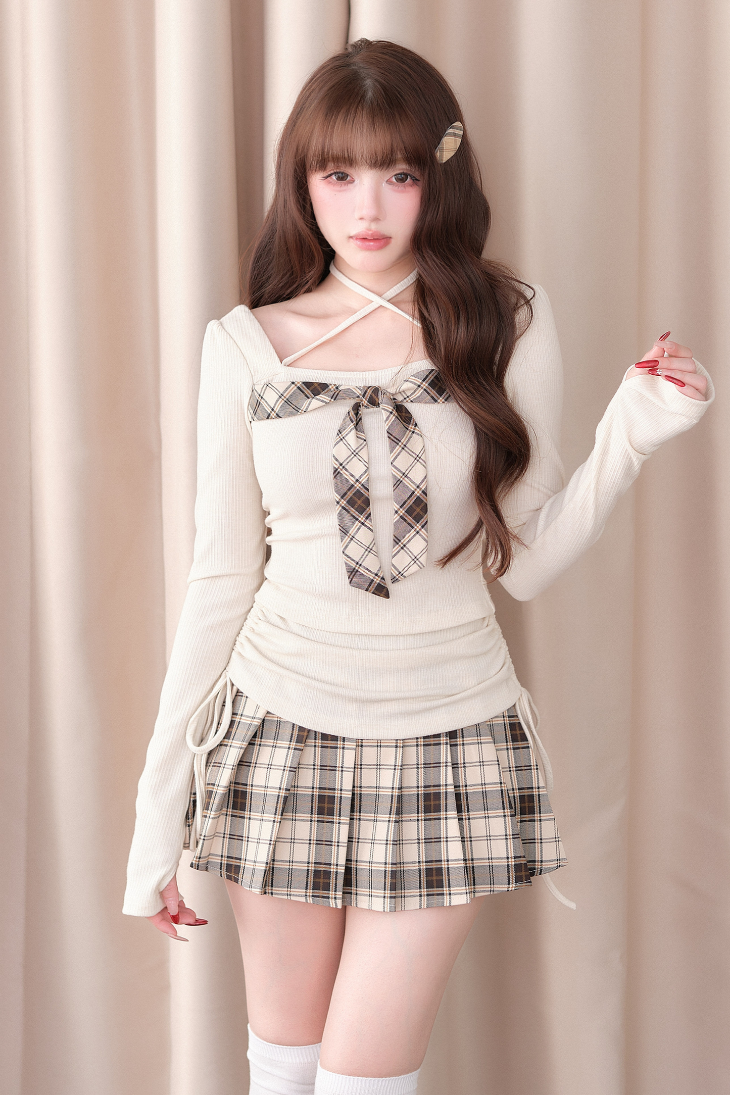Check Ribbon Knit Top + Check Skirt