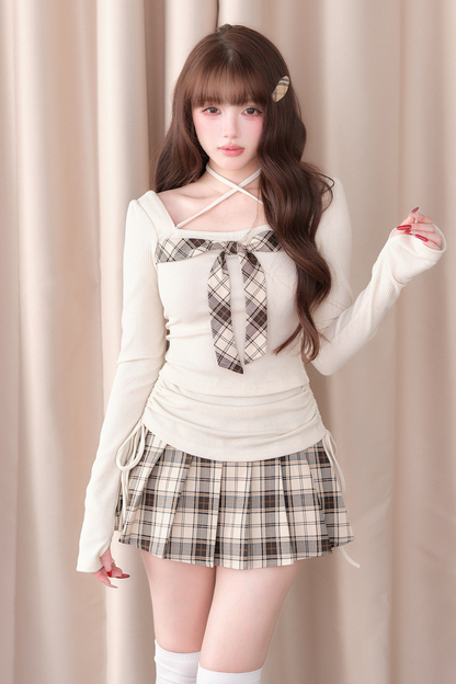Check Ribbon Knit Top + Check Skirt