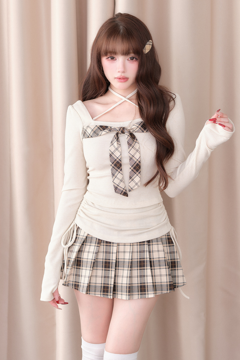 Check Ribbon Knit Top + Check Skirt