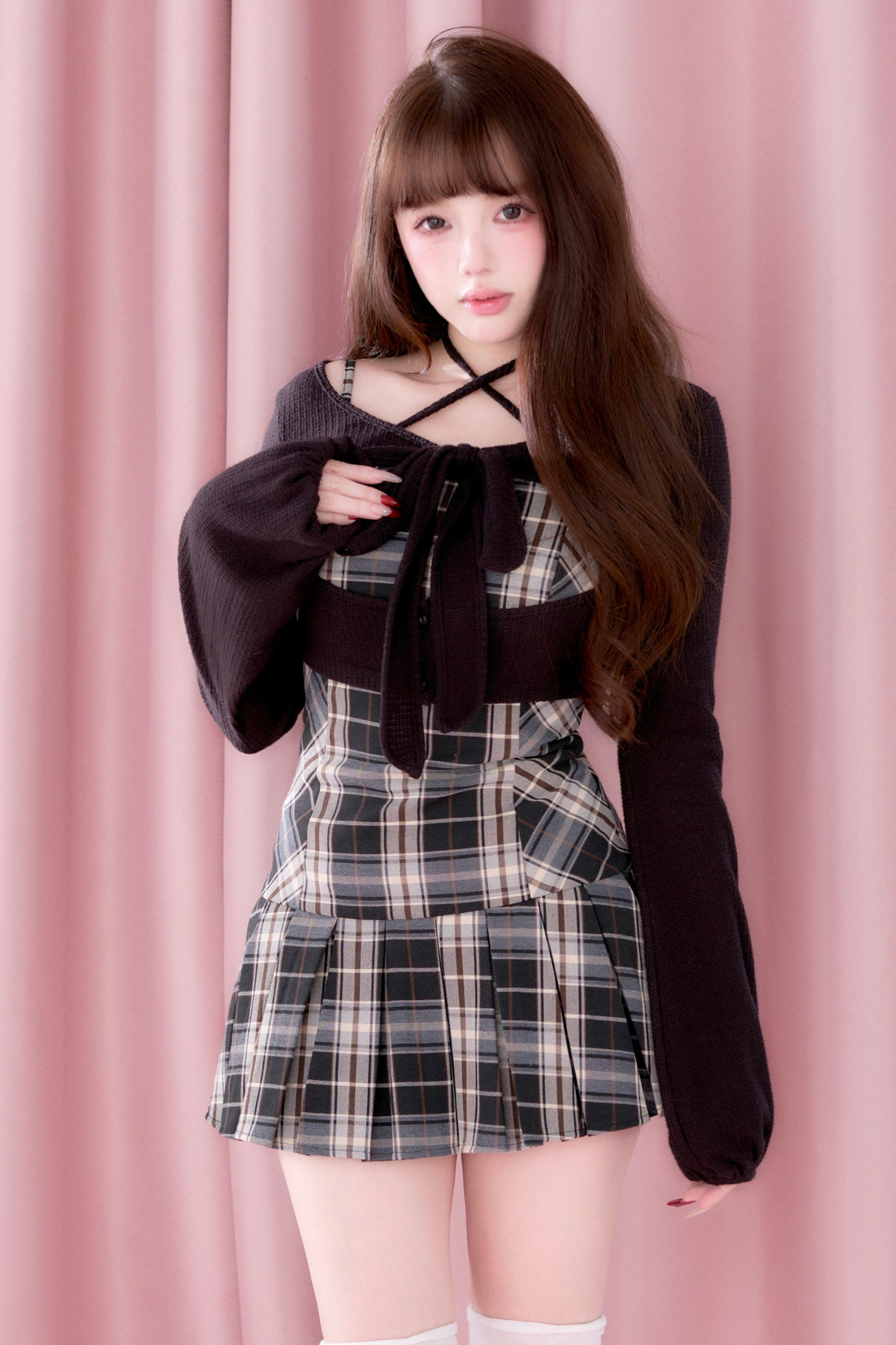 Checkered Dress + Short Knit Top