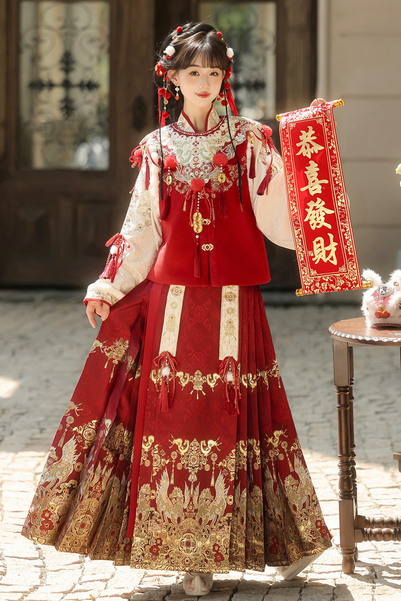 Retro Chinese-style Top + Skirt + Vest + Shoulder