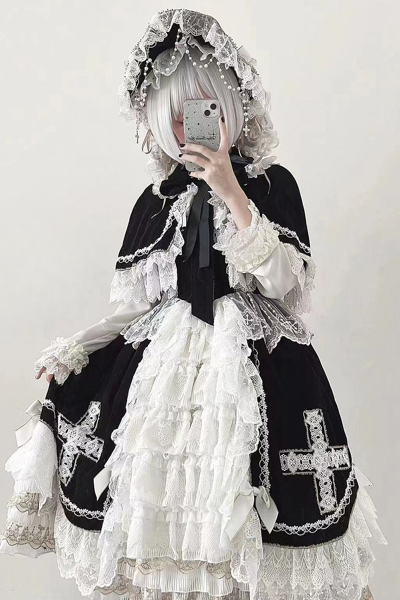 Gothic Doll Lace Jumper Skirt + Bonnet + Shawl