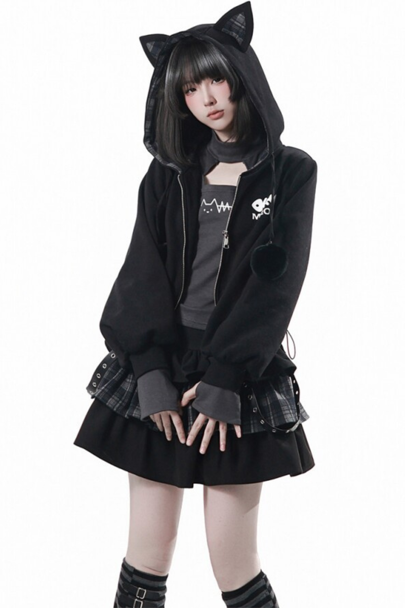 Cat Ear Jacket + Tiered Skirt + Top + Striped Leg Warmers
