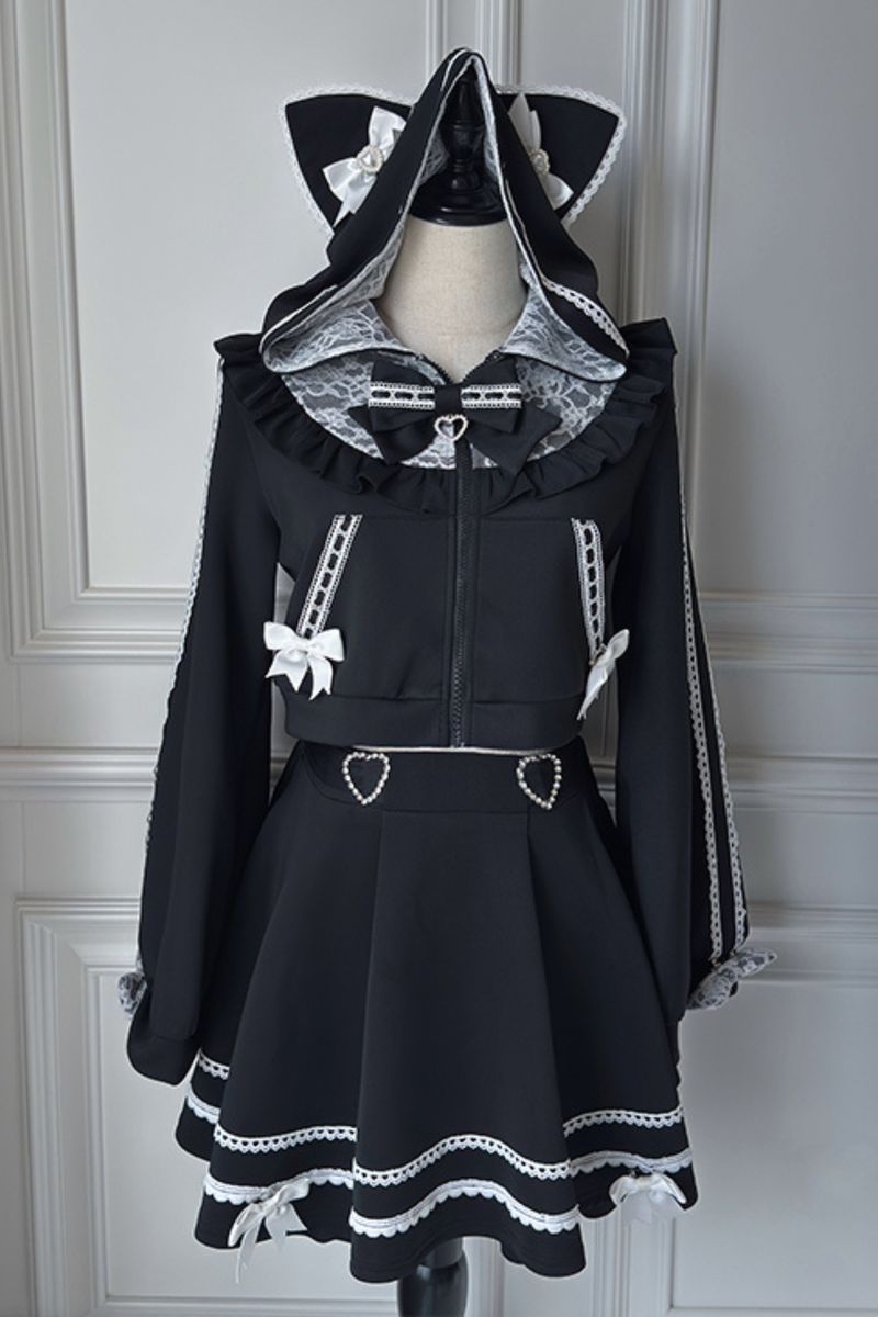 Cat Ear Dark Hooded Hoodie + Skirt