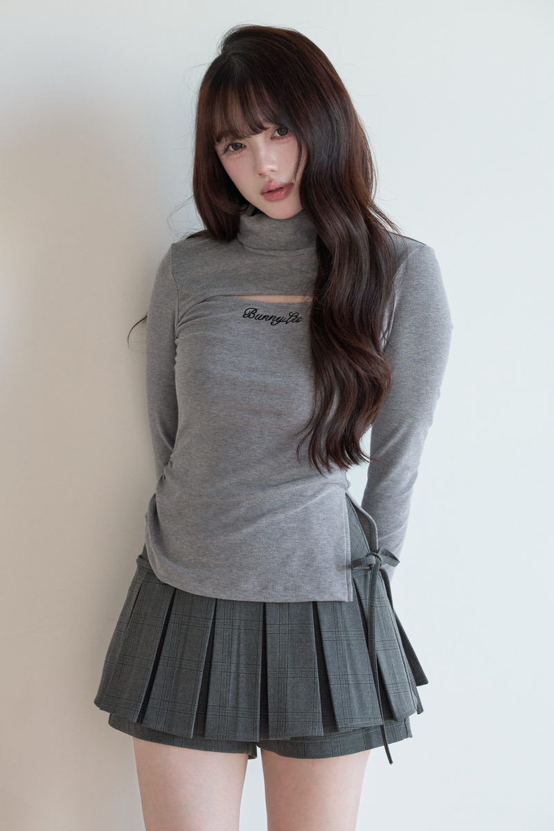 High Neck Knit Top + Plaid Skirt