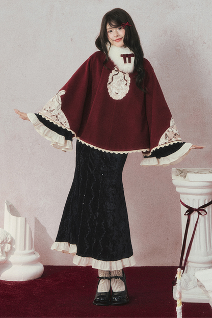 Retro Black Velvet Mermaid Tail Cheongsam Dress + Cape