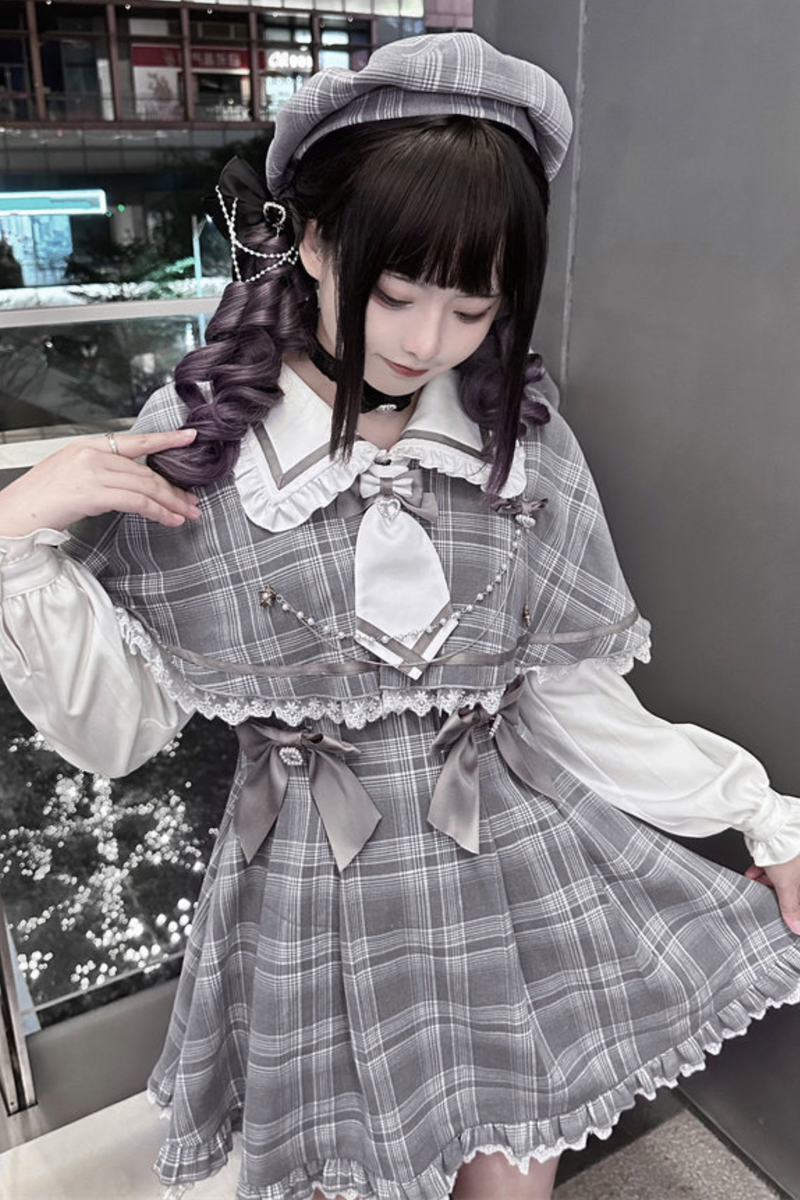 Plaid Sweet Cape Design Dress