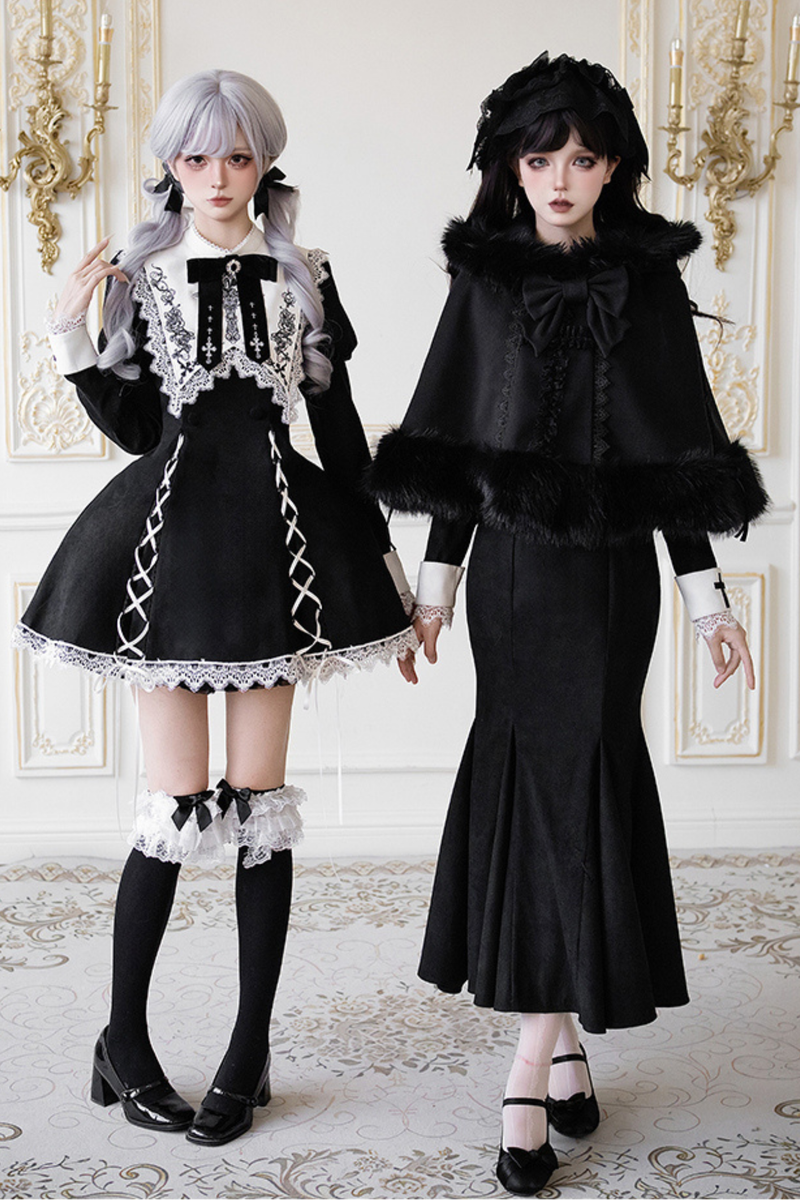 Mermaid Dress + Lace-up Short Dress + Cloak + Collar + Ribbon Brooch