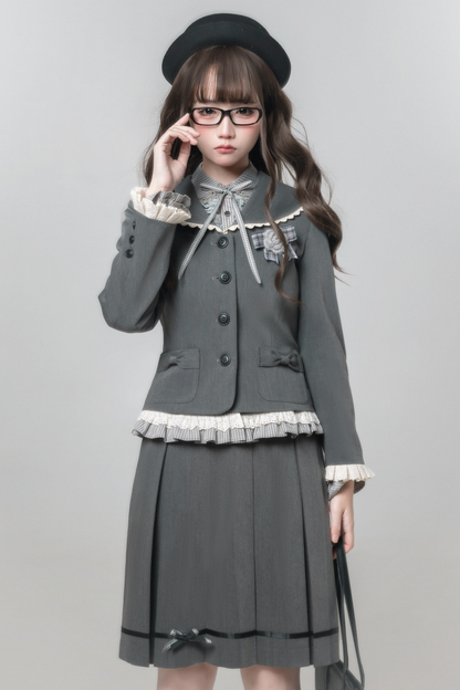Retro College Jacket + Shirt + Skirt + Brooch