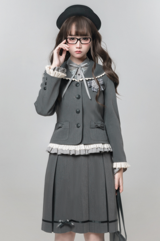 Retro College Jacket + Shirt + Skirt + Brooch