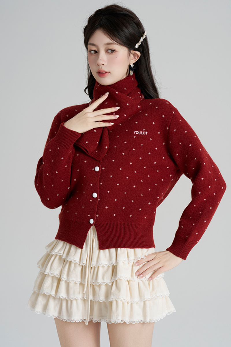 French Style Dotted Cardigan With Scarf