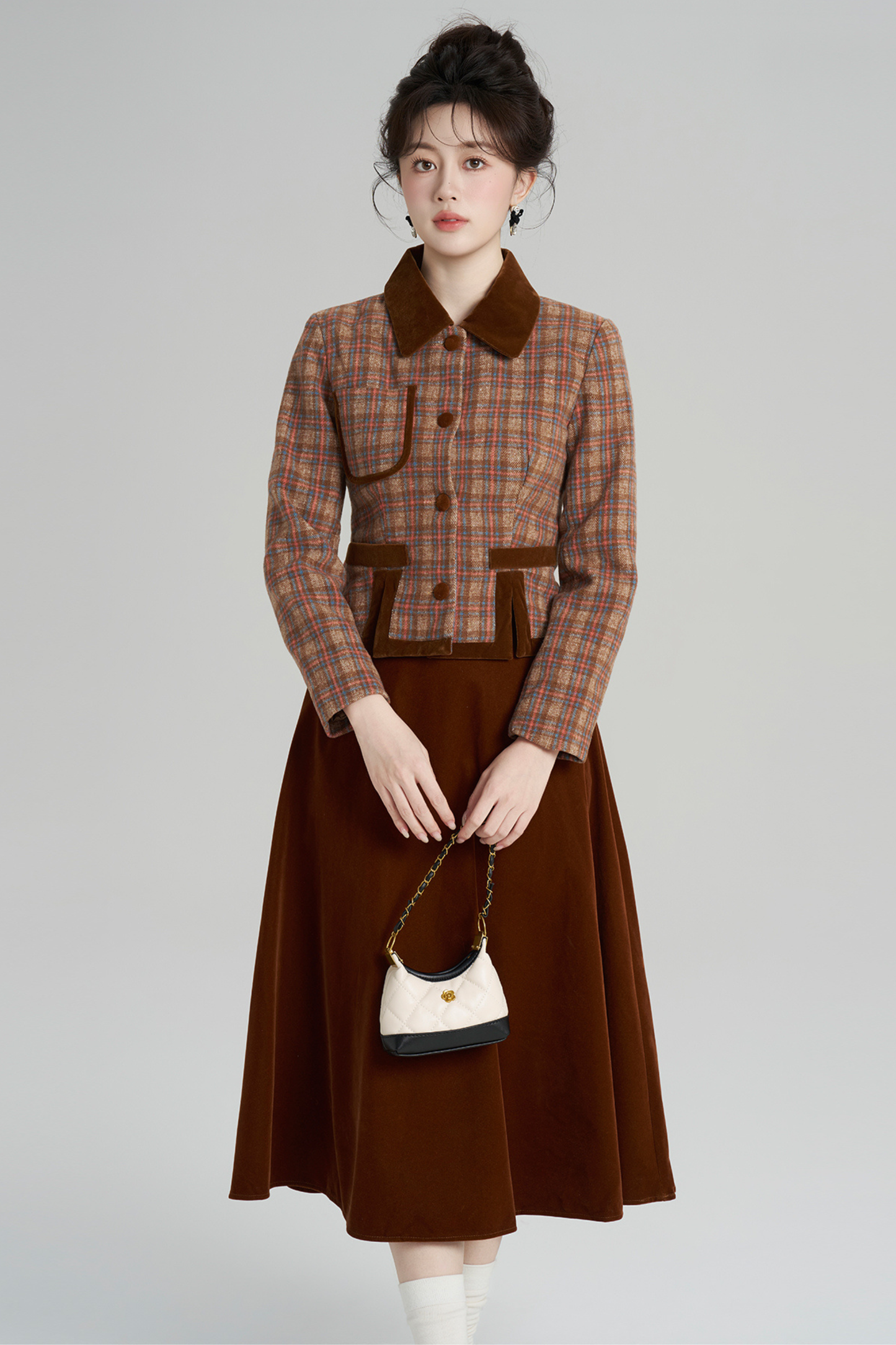 Plaid Jacket + Retro Plaid Velvet Skirt