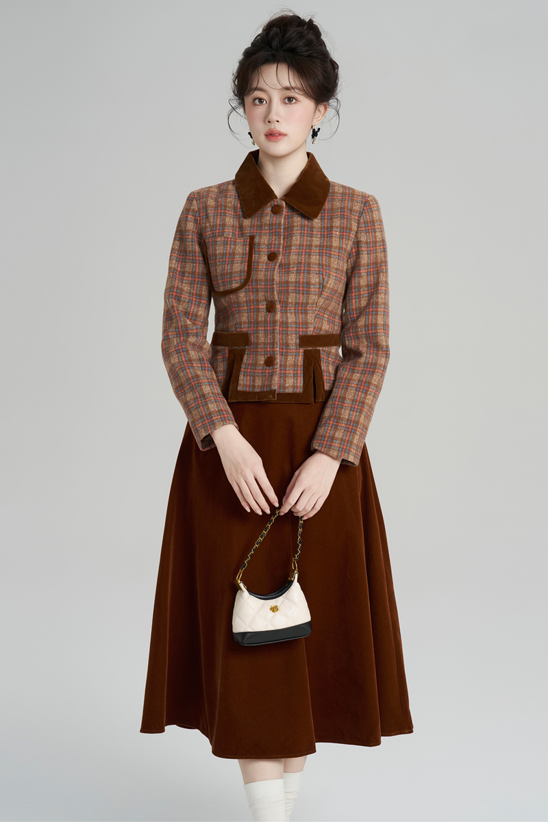 Plaid Jacket + Retro Plaid Velvet Skirt