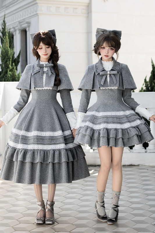 Ruffled Cape Coat + Dress + Hair Accessories + Brooch