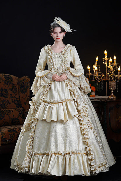 Champagne Square Collar Long Trumpet Sleeves Double-layered Ruffled Open-front Classic Palace Lolita Victorian Dress