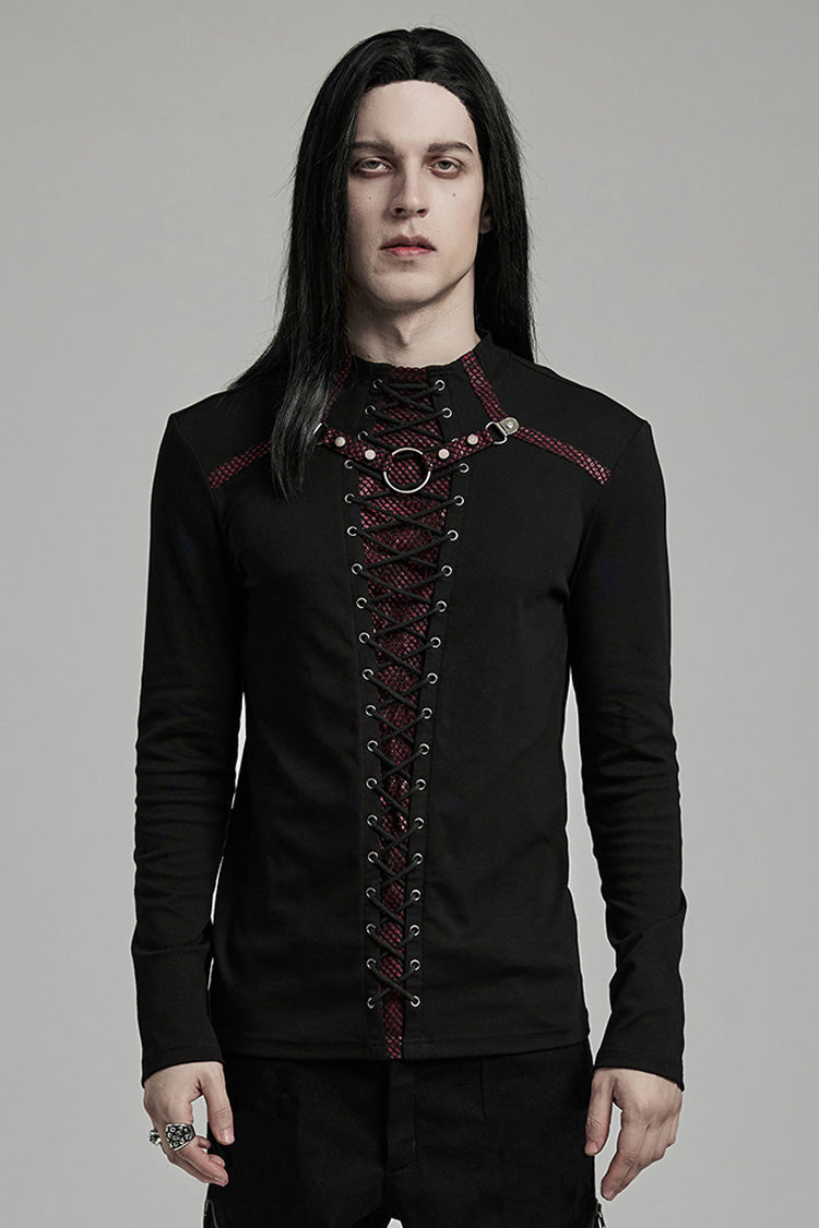 Black/red Long Sleeves Stitching Lace-up Ripped Punk Blouse