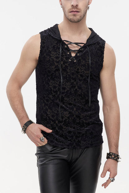 Black Punk Velvet Jacquard Chest Tie Sleeveless Hooded Shirt