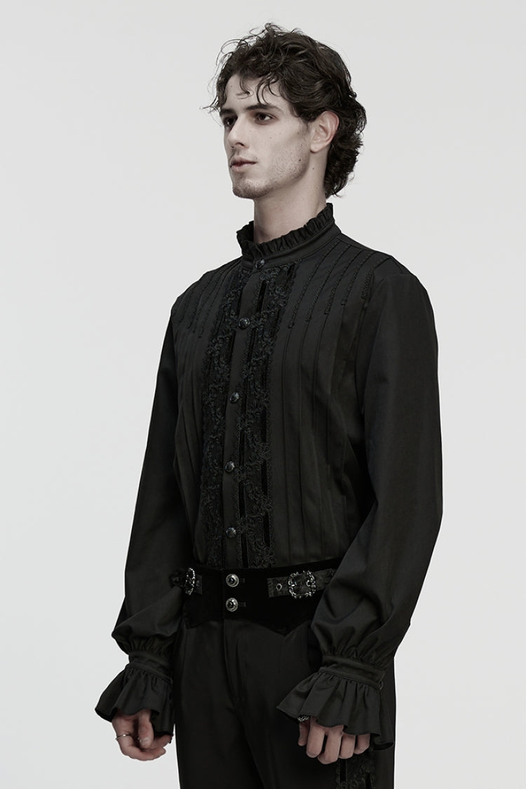 Black Stand Collar Long Sleeves Ruffle Embroidery Pleated Gothic Blouse
