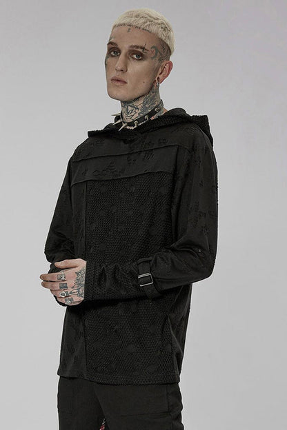 Black Punk Ripped Knit Mesh Surface Splicing Detachable Ring Sleeve Webbing Hooded T-shirt