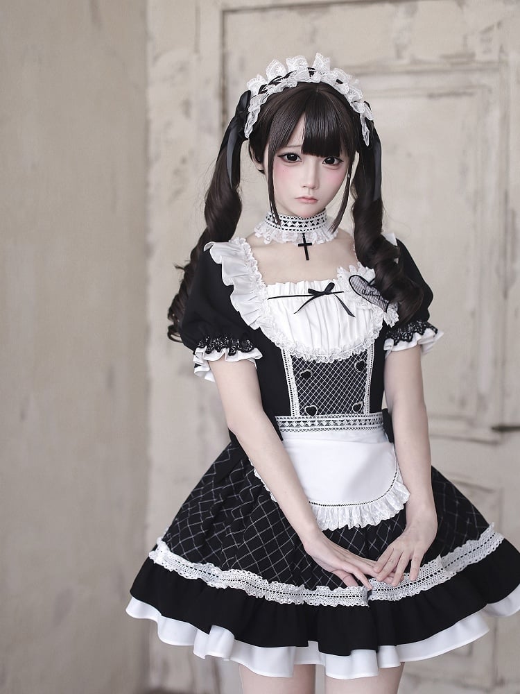 [order Deadline: May 15] Black X White Lace Ruffle Maid Dress Full Set + Cross Choker