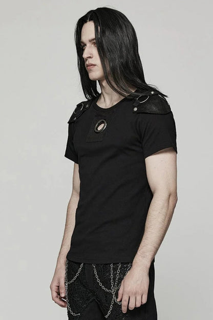 Black Short Sleeves Detachable Shoulder Pad Hollow Steampunk T-shirt