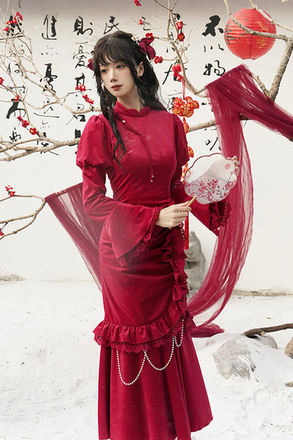 Red Long Sleeves Ruffle Embroidery Bowknot Lace Classic Chinese Style Lolita Dress