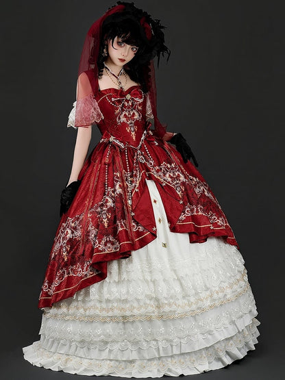 [pre-order Deadline: May 3] Red White Corset Lace Ribbon Lolita Jks Princess Dress + Complete Set