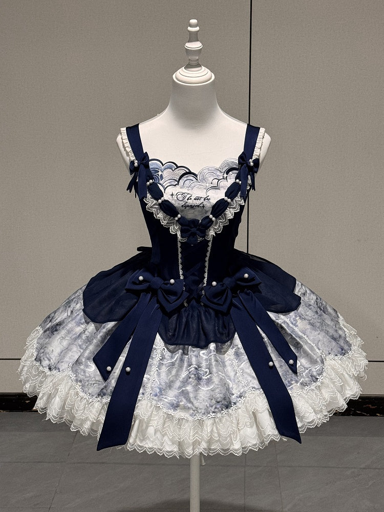 [pre-order Deadline: May 6] Dark Blue Moonlight Sea Lace Ribbon Layered Dress + Accessories