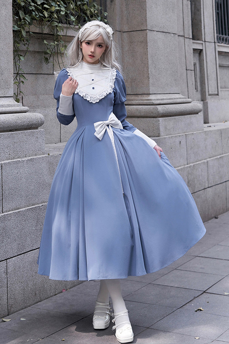 Blue Nun Style Stand Collar Long Sleeves Ruffle Bowknot Classic Lolita Dress
