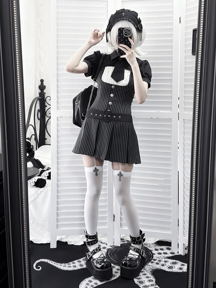 [pre-order Deadline: April 28] Black Pinstripe Tie Collar Short Jacket Dress Full Set + Jewel Casquette