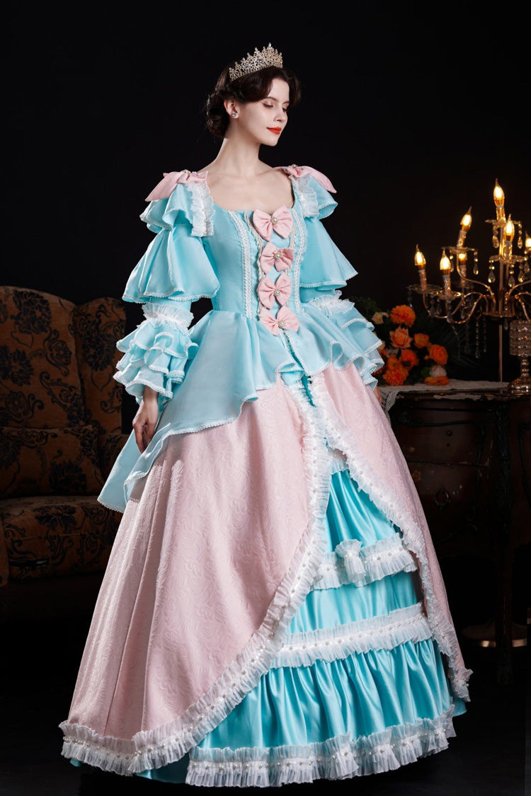 Blue/pink Square Collar Long Trumpet Sleeves Triple-layered Ruffled Open-front Bow Classic Palace Lolita Victorian Dress