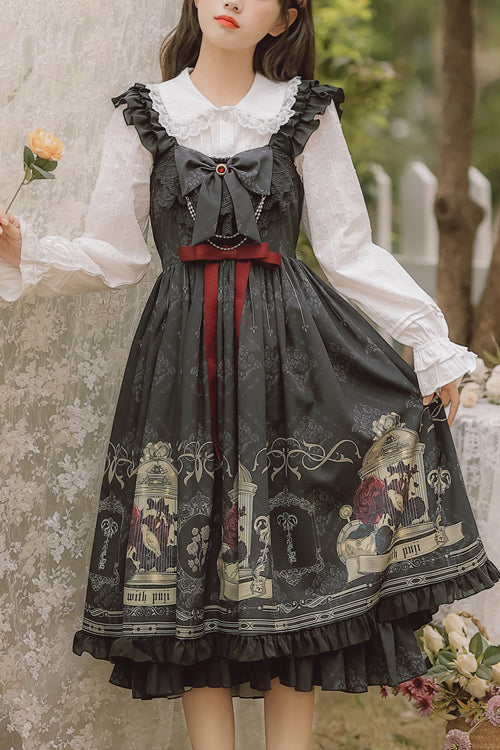 Black Ruffled Strap Court Print Front and Back Bow Classic Lolita Jsk Dress