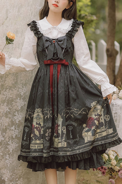 Black Ruffled Strap Court Print Front and Back Bow Classic Lolita Jsk Dress