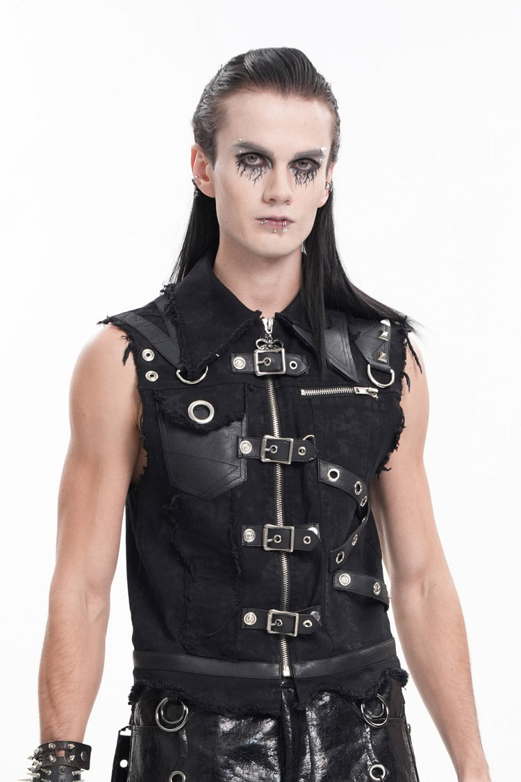 Black Lapel Collar Sleeveless Ripped Buckle Eyelets Gothic Vest