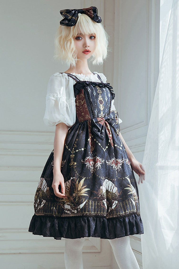 Dark Bule Bowknot Altar of the Month Print Ruffled Classic Lolita Suspender Dress