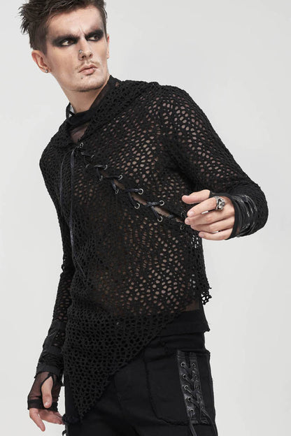 Black Punk Long Sleeve Elasticity Big Hole Mesh Drawstring Design Irregular Hooded Shirt