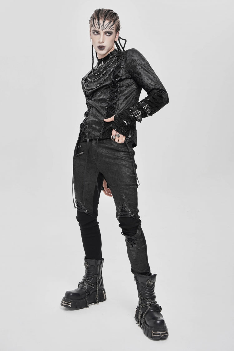 Black Stitching Lace-up Mesh Chain Punk Blouse