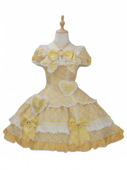 [pre-order Deadline: May 10] Blue/yellow/pink Sweetheart Lolita Ribbon Puff Sleeve Tiered Dress + Bunny Ear Full Set + Cat Ear Full Set