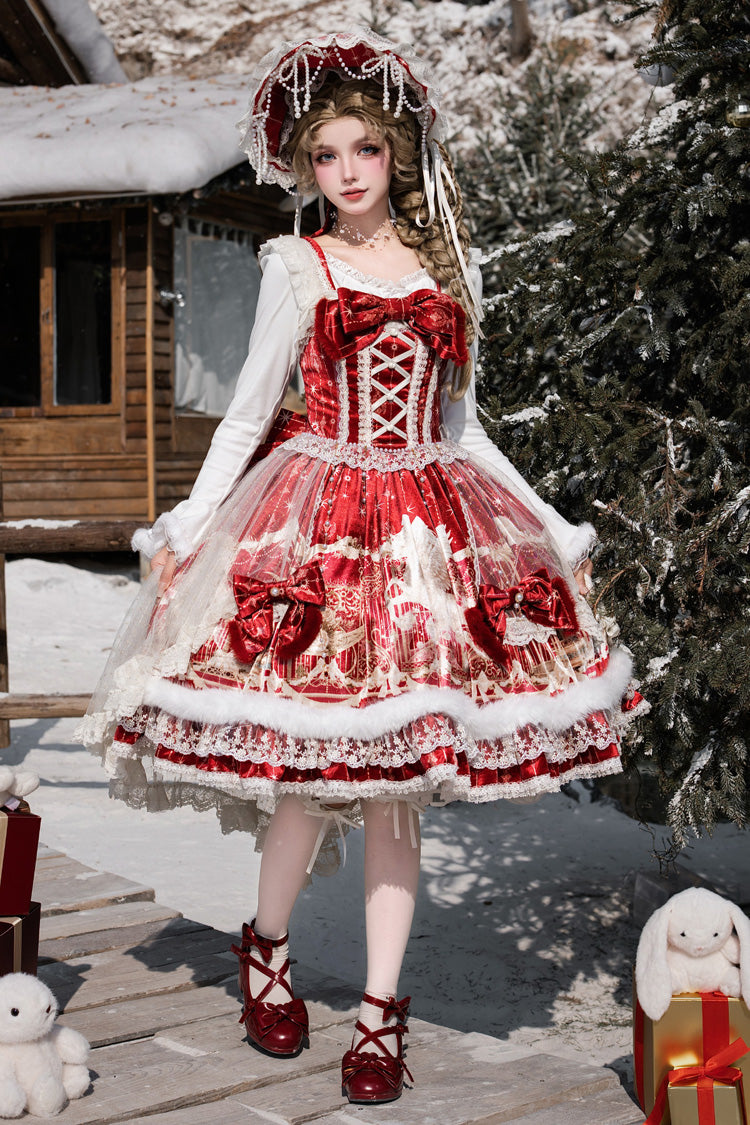 Red [happy New Year] Printed Ruffled Bow Lace Classic Chinese Style Lolita Jsk Dress