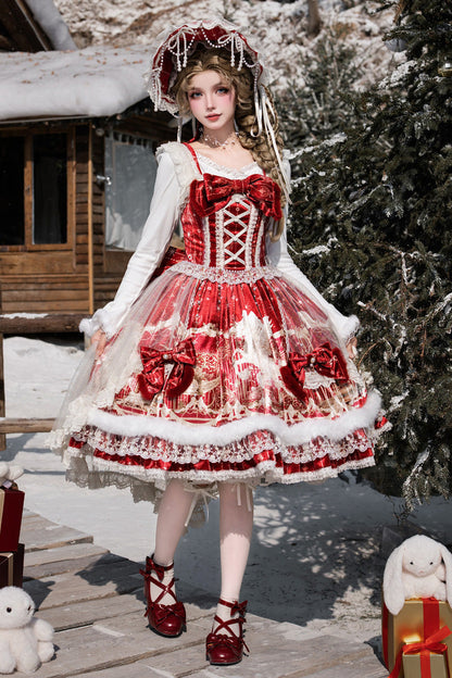 Red [happy New Year] Printed Ruffled Bow Lace Classic Chinese Style Lolita Jsk Dress