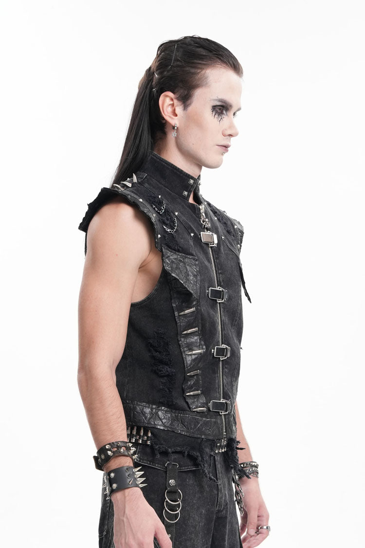 Black Stand Collar Sleeveless Rivets Chain Rings Gothic Vest