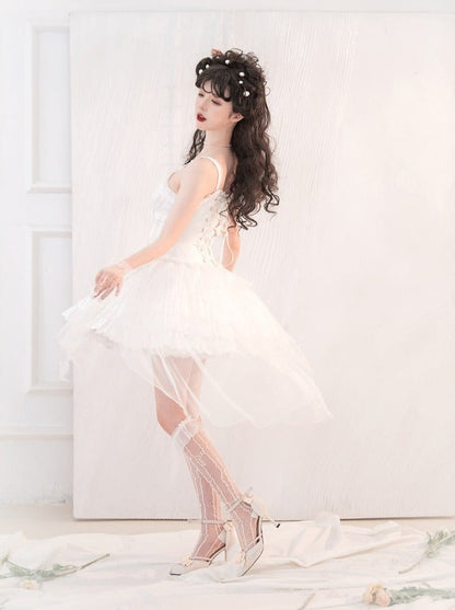 Rose Ribbon Tulle Lace Up Tiered Cami Dress