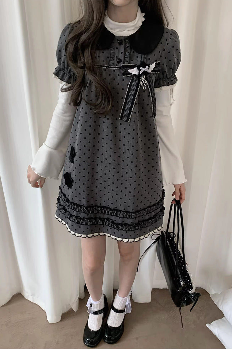 Grey [little Star Wish] Doll Collar Short Sleeves Polka Dot Printed Bow Classic Japanese Lolita Dress